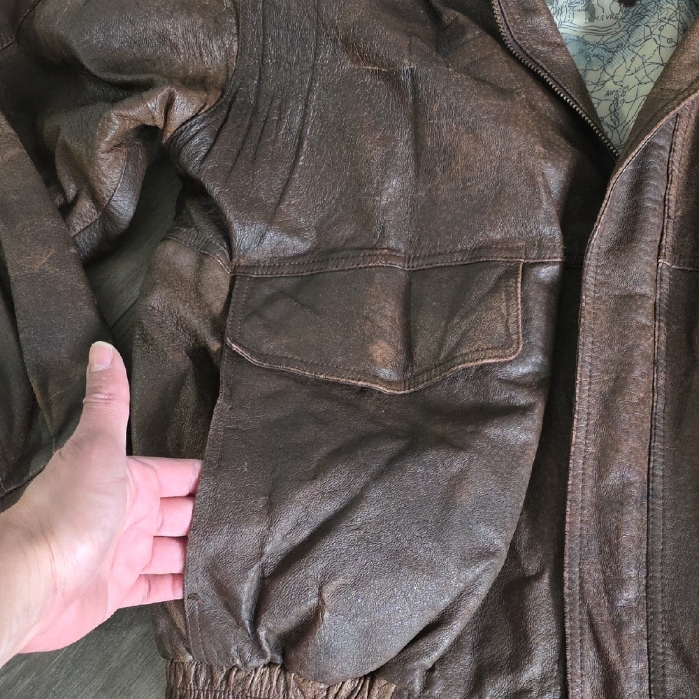 Men's Distressed Brown Leather Bomber Jacket with Flag Patch - Picture 8 of 13